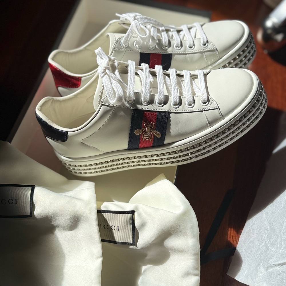 Gucci White Sneakers with Red and Black Accents